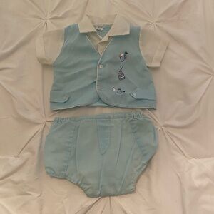 Vintage 1970s Newborn Blue Outfit/Diaper Cover Set